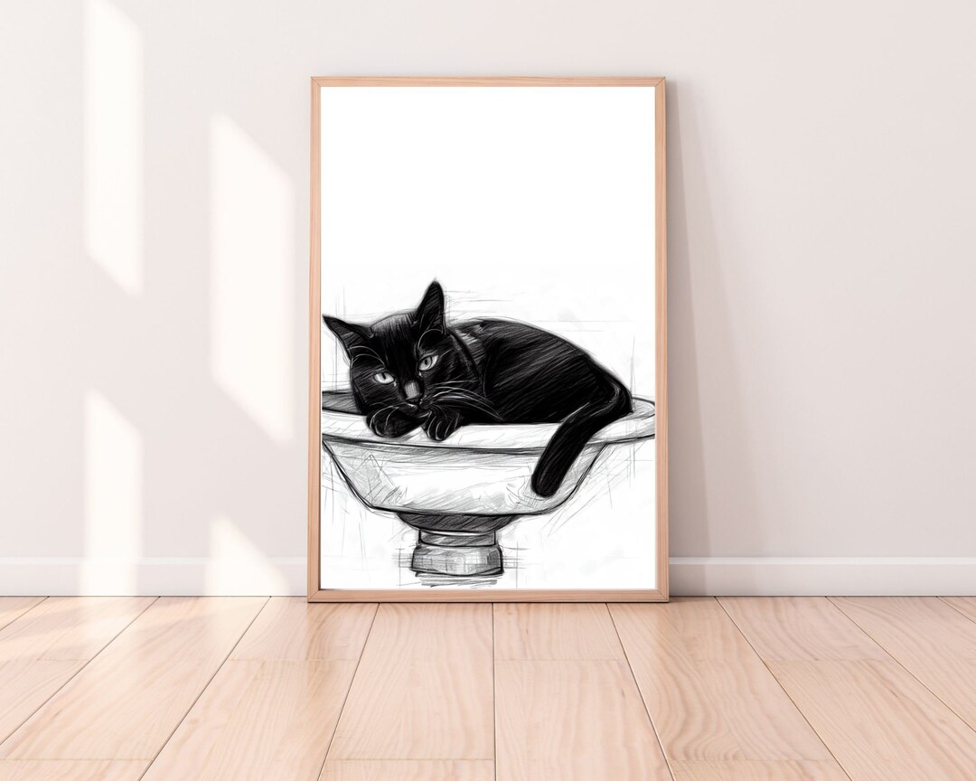 Bathroom Printable Art Black Cat Wall Art Minimal Bathroom Print Cat