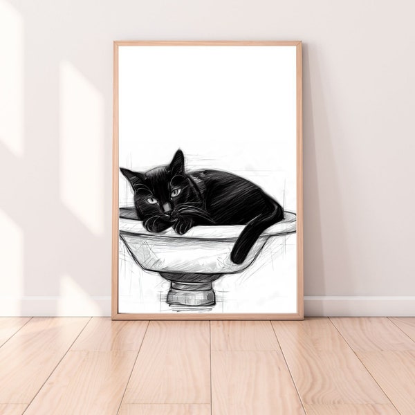 Cat in Sink Printable Art | Black Cat Wall Art | Minimal Bathroom Print | Cat Bathroom Wall Art | Washroom Wall Art | Cat Bathroom Decor