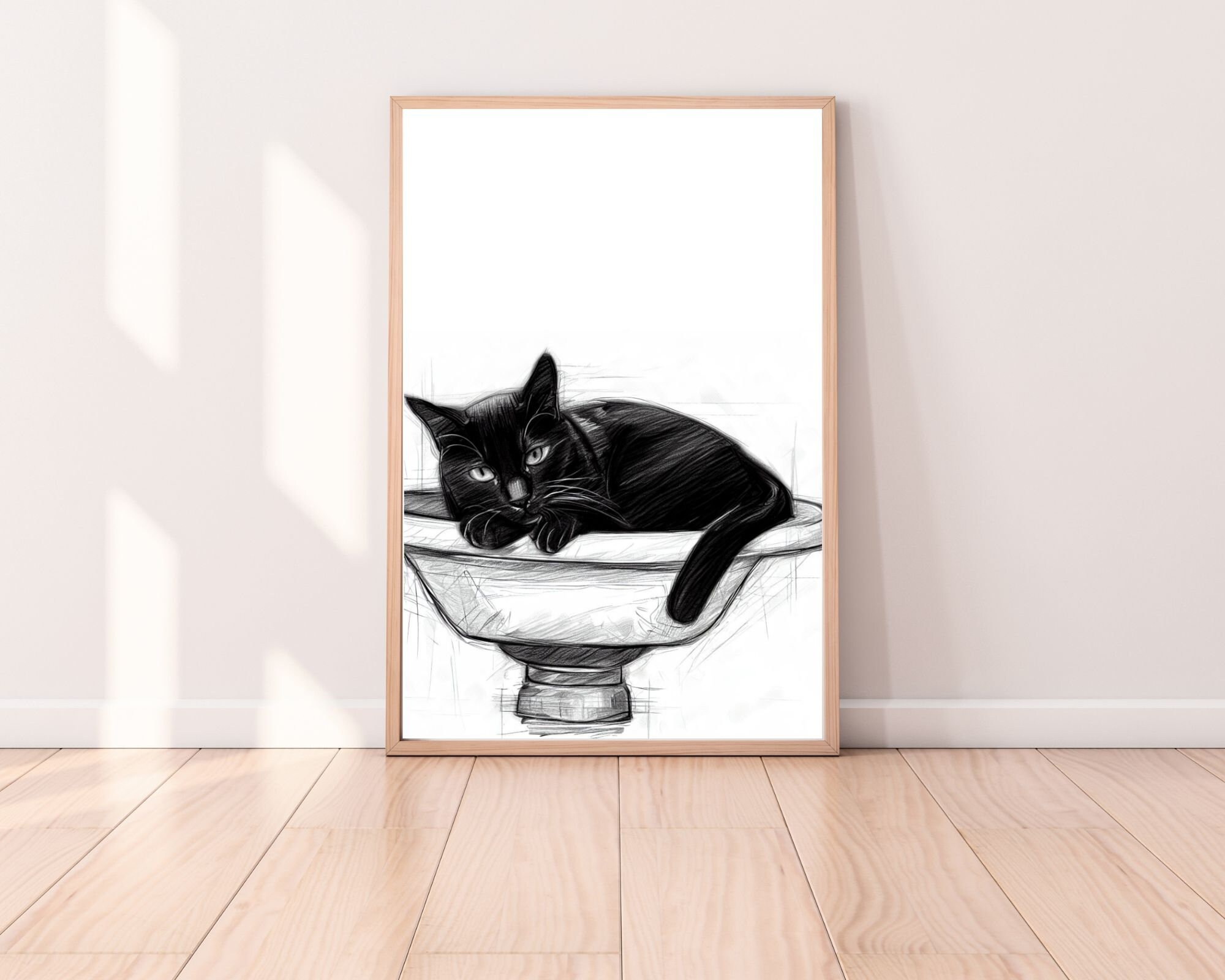 Bathroom Printable Art Black Cat Wall Art Minimal Bathroom Print Cat ...