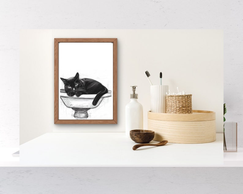 Bathroom Printable Art Black Cat Wall Art Minimal Bathroom Print Cat Bathroom Wall Art Washroom ...