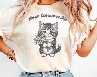 Camiseta "La rabia me consume" con flores de gatito, camiseta divertida de verano con animales, camiseta gráfica sobre salud mental para mujer, regalo para amantes de los gatos, estilo cottagecore de Comfort Colors
