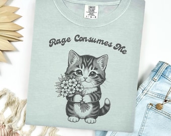 Camiseta "La ira me consume", camiseta con meme de gato tierno, camiseta divertida con gatito sarcástico, camiseta de salud mental con colores cottagecore y para amantes de los gatos