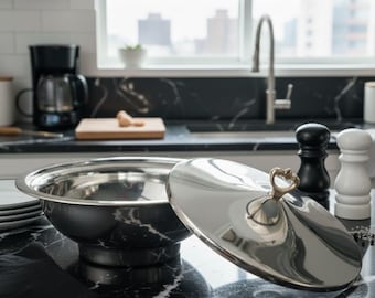 Può includere: Una ciotola da portata in acciaio inossidabile con coperchio abbinato, con manico color oro. La ciotola è appoggiata su un piano di lavoro in marmo nero, con una macchina per il caffè e altri oggetti da cucina sullo sfondo. Il coperchio è parzialmente aperto.