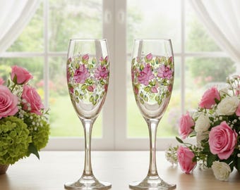 Vintage Hand Painted Floral Champagne Flutes - Set of 2 - 7.75" Tall