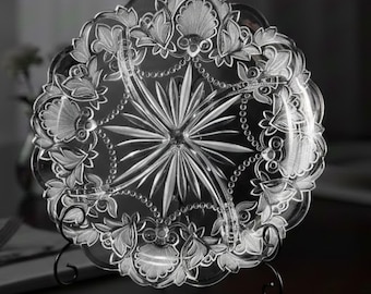 Vintage Fifth Avenue Lead Crystal 4-Section Relish Dish - Starburst & Floral Design - 14"