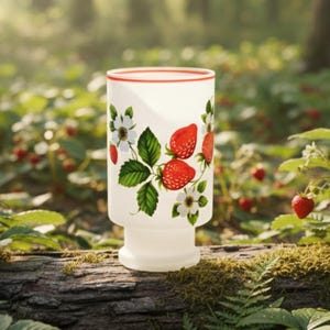 May include: A white glass with a red rim and a footed base, decorated with red strawberries, white flowers, and green leaves. The glass is set against a blurred background of greenery and sunlight.