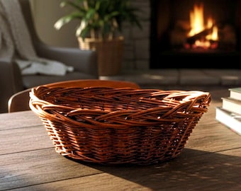 Large 17" Round Woven Willow Basket - Low Profile Tobacco Style Tray - Rustic Farmhouse Wall Decor Fruit or Bread Basket