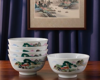 Vintage Chinese Floral Porcelain Bowls - Set of 5 - Bilingual Mark - 4.5" Diameter