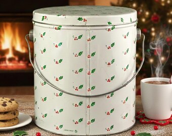 Vintage Holly & Berry Christmas Tin, 7.25" x 6.5" Decorative Holiday Cookie Canister, Yuletide Gift Tin