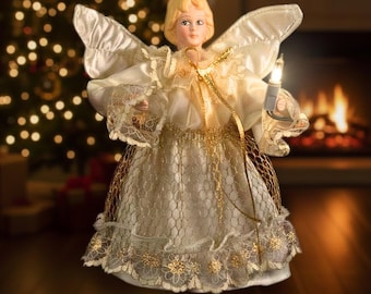 Vintage Studio Eluceo Animated Porcelain Angel Tree Topper – Moving Head, Arms & Wings – In Original Box