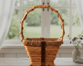 Large Square Woven Gathering Basket - 16" Fixed Handle Willow Basket - Rustic Flower Picking or Fruit - Farmhouse Porch & Garden Decor