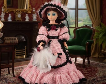 Vintage 12" Vinyl Doll in Hand-Crocheted Pink & Black Victorian Gown