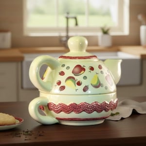 May include: A cream-colored teapot and teacup set with a fruit design. The teapot has a lid and spout, and the cup is integrated into the base. The set is decorated with red and yellow fruits and berries, with a red knitted pattern around the cup.