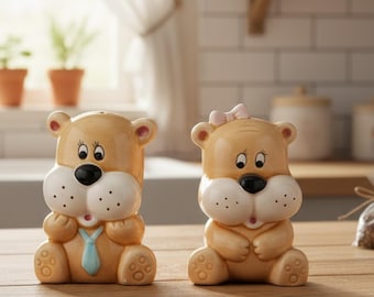 Vintage Ceramic Standing Bear Salt & Pepper Shakers - Hand-Painted Brown Bears - 3.5" Tall
