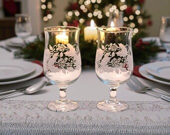 Two Vintage Libbey Holiday Accents Goblets embossed with Holly Leaves and Berries