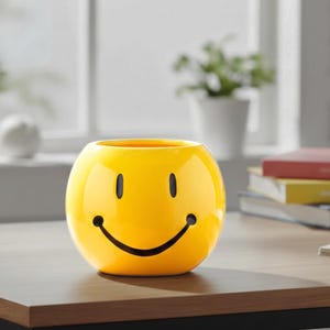 Może przedstawiać: Okrągła, żółta ceramiczna doniczka z uśmiechniętą buzią. Doniczka ma czarne oczy i zakrzywione czarne usta. Wnętrze jest puste. Doniczka stoi na drewnianej powierzchni. Tło obejmuje okno i kilka książek.