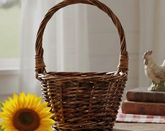 Vintage Medium Woven Willow Basket - 9" x 6" x 9" Fixed Handle Gathering Basket - Rustic Farmhouse Decor - Small Decorative Storage