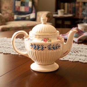 May include: Cream-colored ceramic teapot with a lid, handle, and spout. The teapot features vertical ribbed detailing and is adorned with floral and leaf patterns in blue, pink, and gold. The teapot sits on a round base.