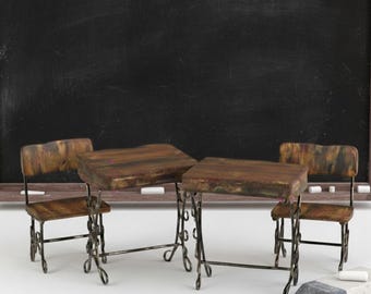 Vintage-Style Distressed Miniature Desk & Chair Set (4-Piece) – 1:12 Scale Shabby Chic Furniture