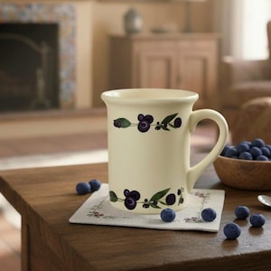 Vintage Cream Ceramic Mug with Blueberry Vine Border