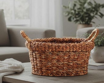 Vintage Oval Woven Rope  12" x 10" Deep Storage Basket - Rustic Home Organization Fruit or Gift Basket