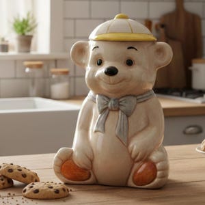 Puede incluir: Un tarro de galletas de cerámica con forma de oso, con una gorra amarilla y blanca y una pajarita gris. El oso tiene detalles en naranja en las patas y está sentado. Galletas con chispas de chocolate en primer plano.