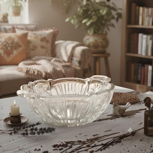 Könnte beinhalten: Eine transparente Glasschale mit dekorativem, gewelltem Rand und geätzten Details. Die Schale steht auf einem weißen Holztisch, zusammen mit einer brennenden Kerze, einer kleinen Vogelfigur und getrockneten Blumen. Die Szene hat eine Vintage- und rustikale Ästhetik.