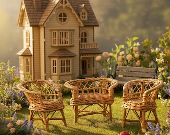 Vintage Wicker Dollhouse Set, Miniature Tan Loveseat and Two Armchairs Shabby Chic Doll Furniture, Woven Conservatory Set or Photo Props