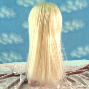 K&ouml;nnte beinhalten: Eine blonde Per&uuml;cke mit langem, glattem Haar. Die Per&uuml;cke wird vor einem blauen Hintergrund mit wei&szlig;en Wolkenmustern und einer rosa Samtoberfl&auml;che pr&auml;sentiert.