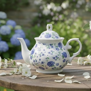 Puede incluir: Tetera de cerámica blanca con tapa, adornada con motivos florales azules. La tetera tiene un pico y un asa curvados, colocada sobre una mesa de madera con pétalos de flores blancas esparcidos. Fondo borroso de vegetación.