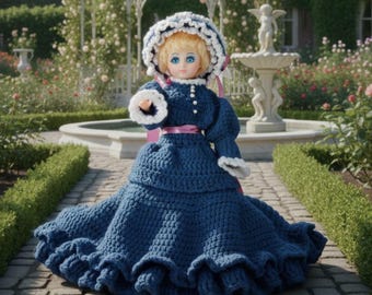 Vintage 12 inch Vinyl Doll in Hand-Crocheted Navy blue & White Gown
