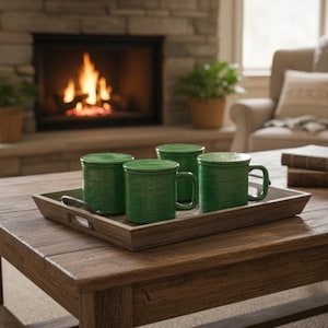 Juego de cuatro tazas vintage raras con forma de anillo de árbol de Tara Woodland Temptations con tapa y posavasos