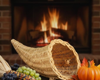 Vintage Woven Willow Cornucopia Basket - 12" x 5.5" Horn of Plenty - Thanksgiving Table Centerpiece - Rustic Autumn Harvest Decor