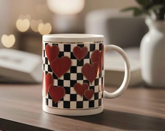 ヴィンテージチェッカーボードハートマグ：レトロなゴールドトリムのコーヒーカップ