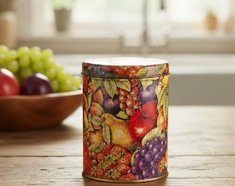 Vintage Decorative Metal Storage Tin, 5.5" x 4" Small Round Canister with Lid, Retro Kitchen Organizer