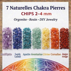 May include: Seven piles of colorful chakra stones, each in a different color, including amethyst, lapis lazuli, apatite, aventurine, citrine, carnelian, and red jasper. The text reads "7 Naturelles Chakra Pierres CHIPS 2-4 mm Orgonite Resin DIY Jewelry."