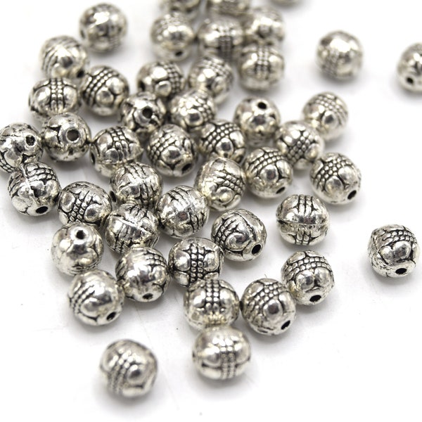 x50 Perles métal argent antique rond 6mm - PM05 - Perle intercalaire en métal argenté ronde