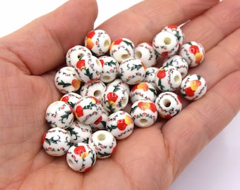 Porcelain beads with red and green heart print 10mm/6mm - Lot of 5/10 units