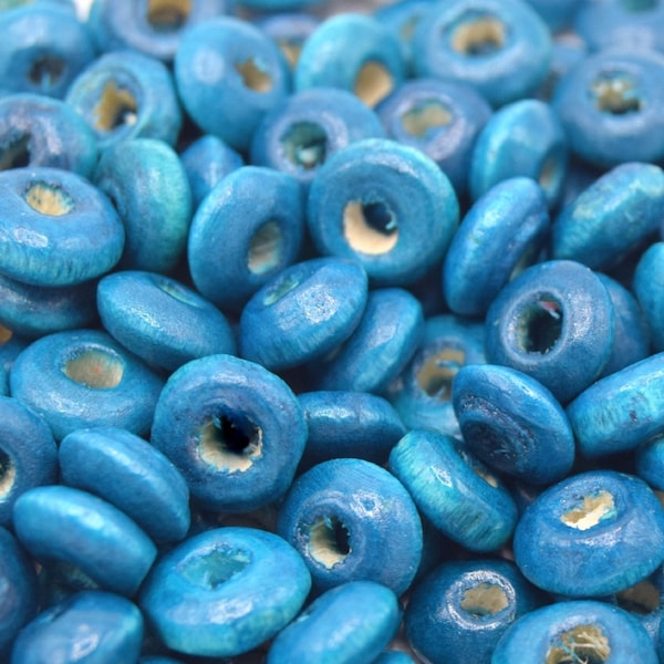 Wooden Rondelle Beads 3x6mm blue, round flat turquoise wooden bead lot of 100/200/500 beads