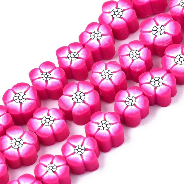 Perles forme fleurs de prunier rose Fuchsia 8~10mm en argile de polymère  20/50 unités