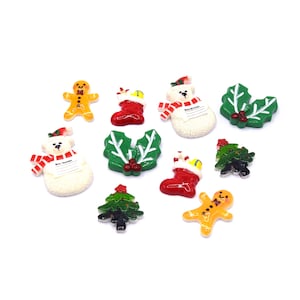 10 cabochons de Noël, houx, bonhomme, sapin, botte, ours