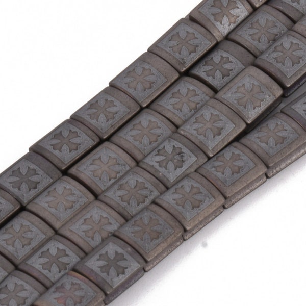 Perles d'hématite 6mm rectangulaire avec croix mat gris anthracite non magnétique X10