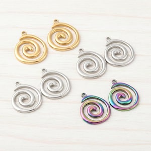 2 spiraalvormige hangers van 304 roestvrij staal, zilver, regenboog en 18-karaats ionisch goud.