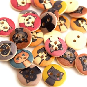 x50 Wooden Buttons Multicolor Cat Pattern Creative Leisure 2 holes 15mm -47