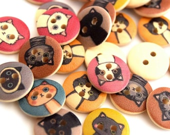 x50 Wooden Buttons Multicolor Cat Pattern Creative Leisure 2 holes 15mm -47