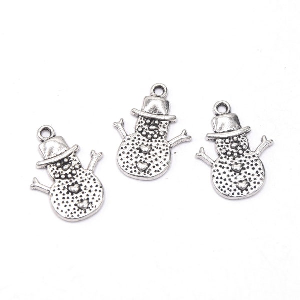 Bonhommes de neige argent antique, pendentifs Noël  métal argent breloque charms 20mm N80 lot de 10/20 unités