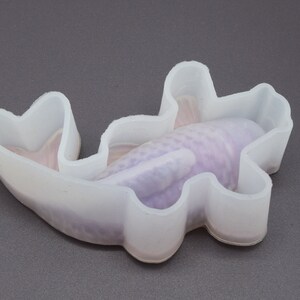 K&ouml;nnte beinhalten: Eine transparente Silikonform in Form eines Koi-Karpfens. Die Form ist f&uuml;r die Herstellung eines Gie&szlig;harzes oder einer Seife in Fischform konzipiert.