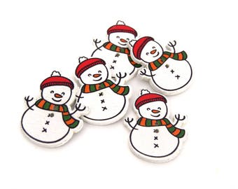 x10 Painted wooden buttons 2 Holes Snowman sewing Christmas