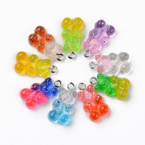 Breloques pendentifs bonbon ours en résine mixte paillettes, Lot de 4, 8, 12 unités