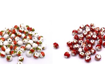 Porcelain beads printed with red flowers 8mm - Lot of 5/10 units